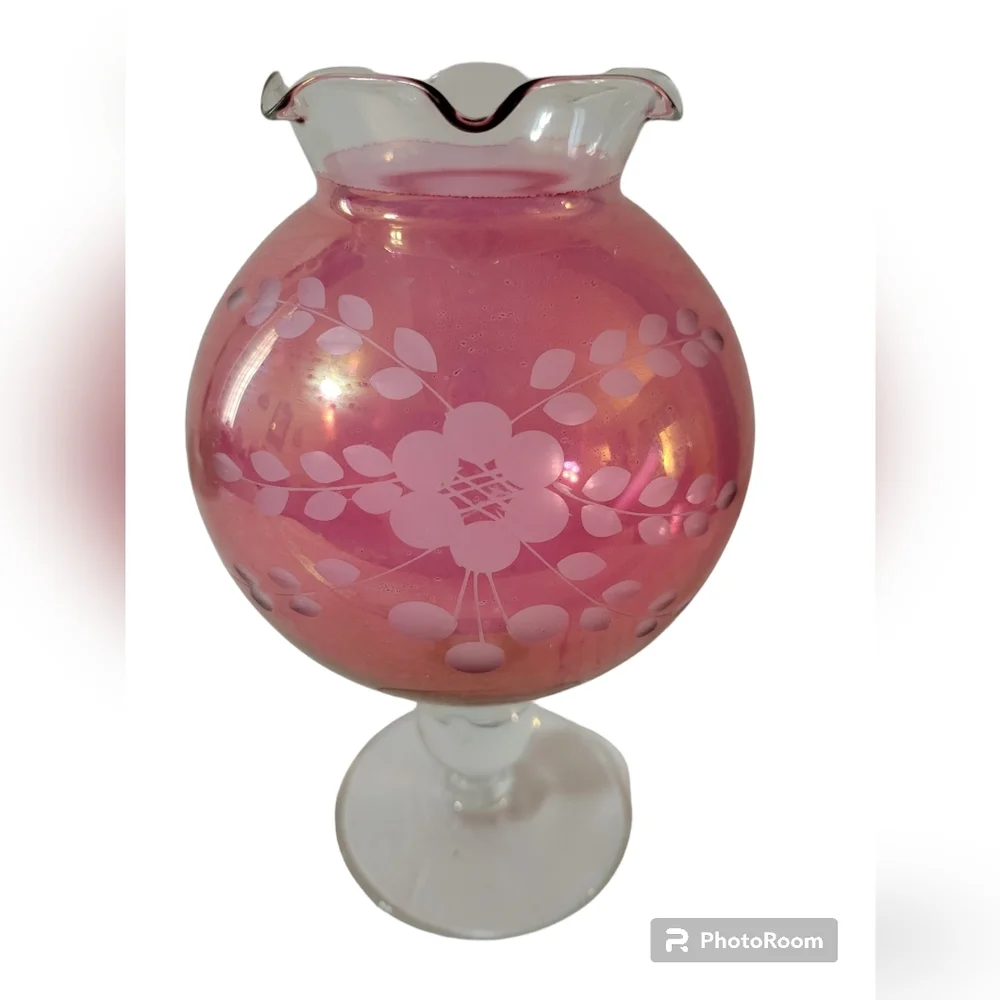 Vintage Cranberry Glass Etched Vase